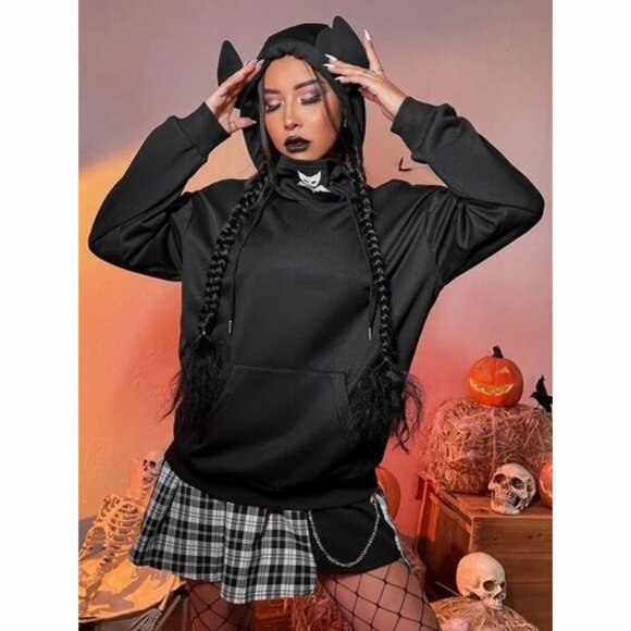 Gothic goth Halloween Bat Cat pullover XS Black sweatshirt nwot (runs big) - Picture 1 of 1